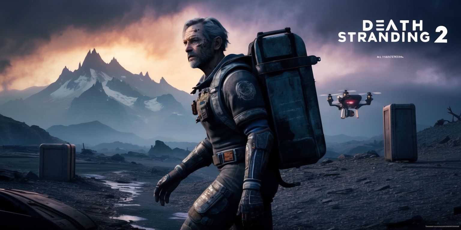 A cinematic scene from the Death Stranding 2 game, featuring the main character, Sam Porter Bridges, standing in a desolate, rugged landscape with a hauntingly beautiful mountain range in the background, set against a dramatic sky with hues of orange and purple, with Sam wearing his iconic exosuit and carrying a large backpack, his facial features worn and tired, with a determined look in his eyes, his skin weathered from the harsh environment, as he navigates through the treacherous terrain, with a few mysterious cargo cases and a futuristic drone hovering nearby, the overall mood and atmosphere eerie and suspenseful, with a focus on the character's emotional state and the vast, barren landscape, in a highly detailed and stylized visual representation, blending elements of science fiction and post-apocalyptic themes.