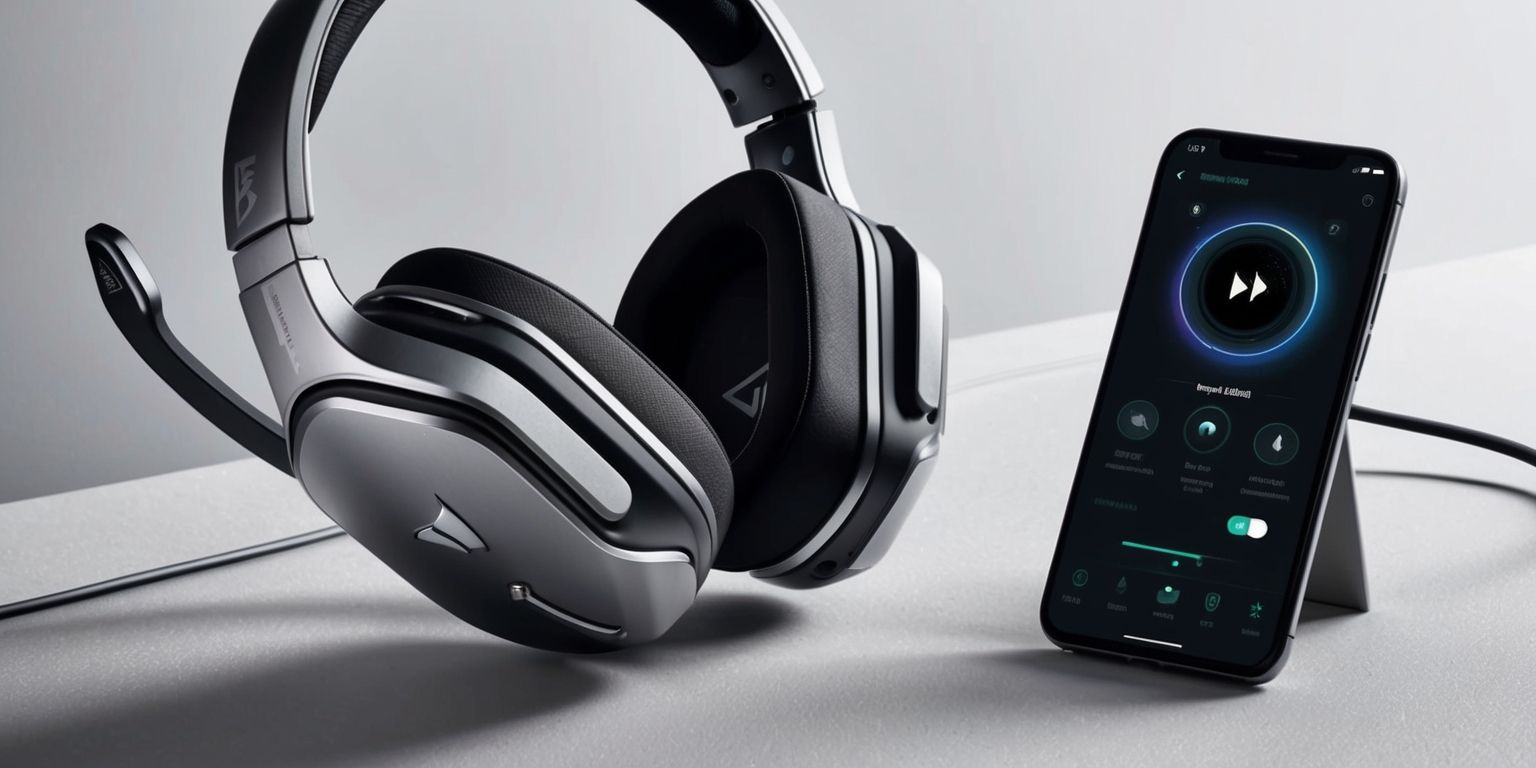 A sleek gaming headset with wireless connectivity, extended battery life, and cross-platform compatibility, featuring premium audio fidelity and advanced noise reduction, sits on a minimalist background, with a dedicated mobile app open on a smartphone nearby, showcasing sound customization options, the headset's ergonomic design and versatile model variants are evident, with bold lines, metallic accents, and a predominantly black and silver color scheme, the overall aesthetic exudes a high-performance audio accessory designed for immersive gaming experiences, with subtle lighting effects highlighting the device's advanced features.