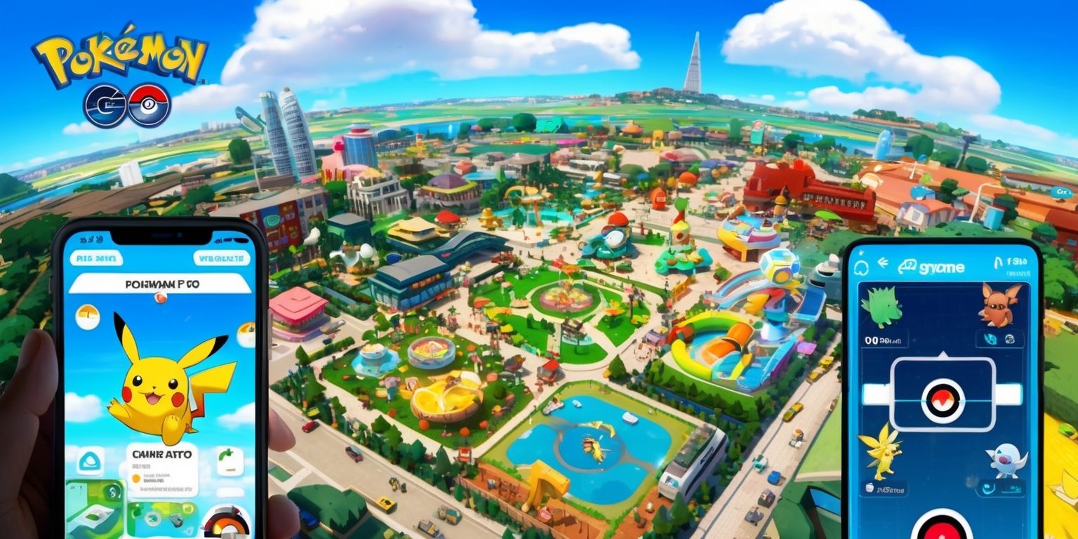 A vibrant screenshot of the Pokémon Go game on a mobile device, showcasing a detailed map of a bustling city with various PokéStops and gyms, set against a bright blue sky with fluffy white clouds, featuring a mix of rural and urban environments, with a plethora of Pokémon roaming around, such as Pikachu, Charmander, and Squirtle, all rendered in their signature colorful styles, with the game's user interface elements, including the navigation menu and Pokémon info panels, displayed in a clean and modern design, incorporating the game's iconic logo and fonts, with a general warm and adventurous tone, capturing the excitement and thrill of the gameplay experience.