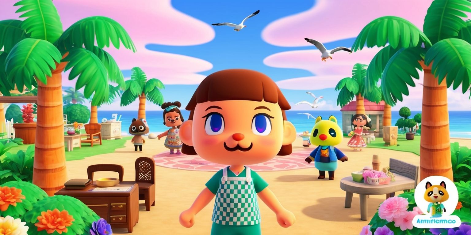 A serene and vibrant digital illustration of a scene from Animal Crossing: New Horizons game, featuring a character with bright facial features and medium brown skin, standing on a picturesque beach with lush green palm trees, colorful flowers, and a clear blue sky, surrounded by various furniture items and decorations, with a few villagers in the background, including Tom Nook with his distinctive tanuki face and apron, and K.K. Slider with his guitar, set against a warm and inviting sunset backdrop with pastel hues of pink, orange, and purple, and a few seagulls flying overhead, with the game's logo discreetly placed in the corner, in a whimsical and fantasy style, with bold lines, textures, and intricate details, and a sense of depth and dimensionality.