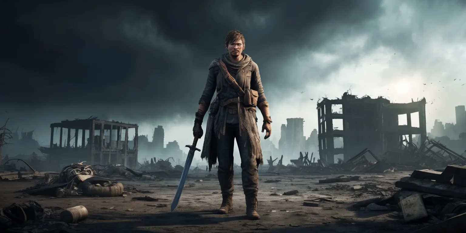 A dystopian-themed video game scene depicting a post-apocalyptic world with a survivor standing in the center, surrounded by a desolate wasteland with ruins of buildings and debris scattered all around, the survivor is dressed in tattered clothing and gear, with a determined look on their face, their skin weathered from the harsh environment, they are holding a worn-out sword and wearing a backpack full of supplies, the atmosphere is ominous with a dark and gloomy sky, the color palette is muted with shades of gray, brown, and dark blue, the texture is gritty and realistic, the lighting is dim with a few rays of sunlight peeking through the clouds, the overall mood is one of survival and resilience in a harsh and unforgiving world.