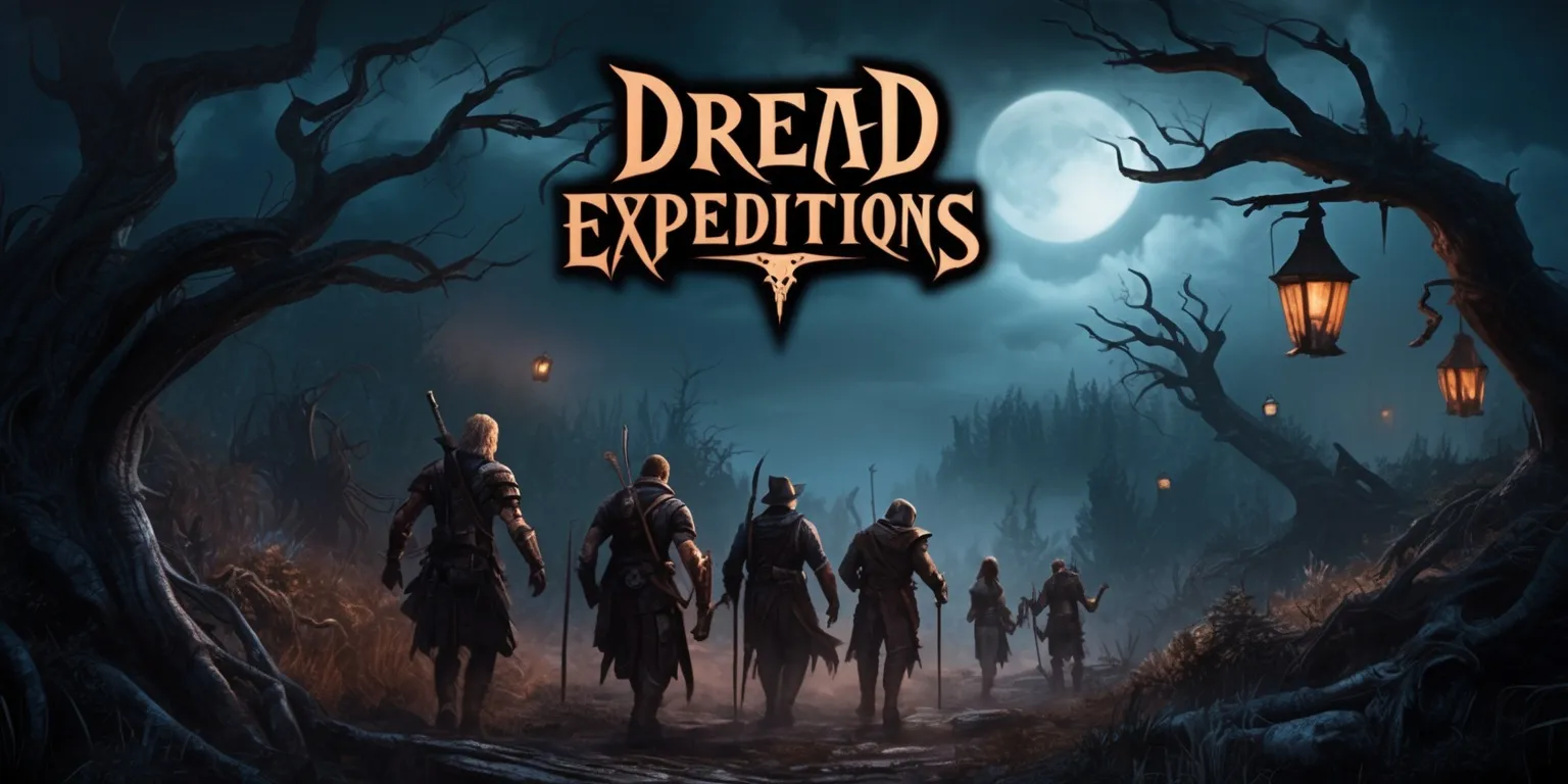 A dark fantasy video game cover art for Dread Expeditions, featuring a haunting landscape with twisted trees, eerie mist, and a faint glow of lanterns in the distance, set against a ominous sky with a full moon, the color palette is predominantly dark blues and greys, with hints of warm orange from the lanterns, in the foreground a group of brave adventurers are seen trekking through the treacherous terrain, with detailed character designs, facial features, and unique attributes such as scars, tattoos, and worn leather armor, the game's logo is emblazoned in bold, gothic font at the top of the image, with the tagline written in smaller, curved text below, the overall style is a mix of realism and stylized horror elements, with intricate details and textures, the framing is cinematic, with a shallow depth of field, drawing the viewer's attention to the characters and the foreboding landscape.