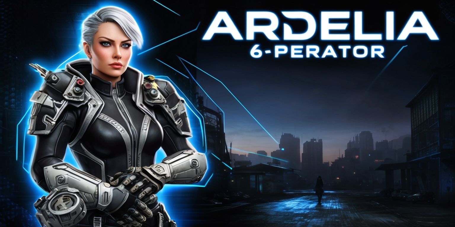 Ardelia, a 6-star operator, stands proudly with her tactical gear, showcasing a mix of healing and combat tools, her facial features confident with a determined gaze, fair skin, and distinctive silver hair, dressed in a sleek black and silver uniform adorned with intricate, metallic accents, set against a dark, gritty, urban backdrop with a cityscape at dusk, the colors predominantly dark blues and greys, with accents of bright, glowing blue lines tracing the outline of her gear and abilities, her eyes gleaming with a sharp, piercing blue light, as she readies herself for combat, her posture strong and assertive, with a bold, futuristic font displaying her name Ardelia in metallic silver above her head.