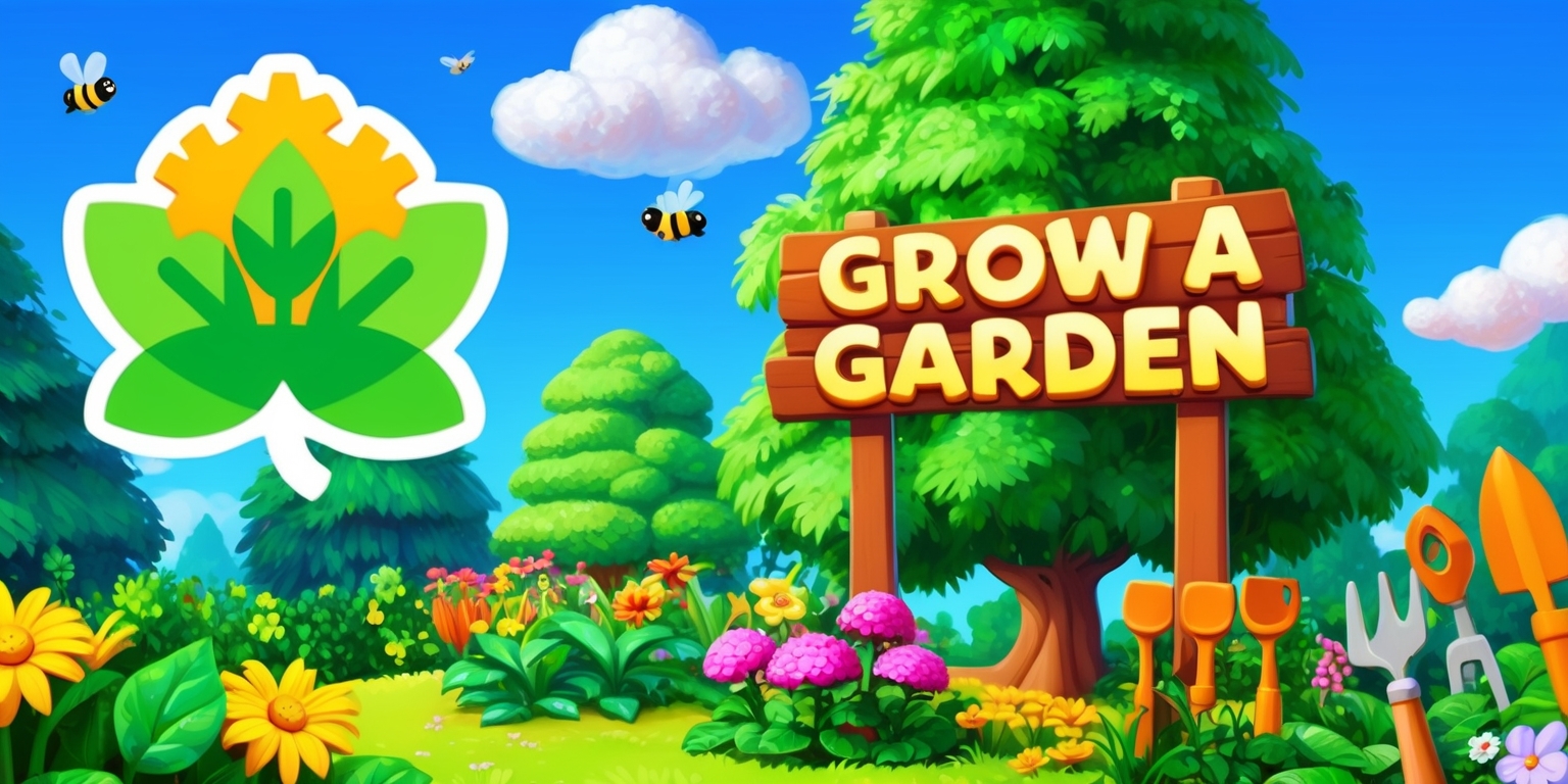 A colorful digital illustration of a lush garden with vibrant green plants, blooming flowers, and towering trees, set against a clear blue sky with a few fluffy white clouds, in the style of a whimsical video game, with a wooden sign that reads Grow A Garden in bold, golden letters, surrounded by gardening tools and a few friendly insects, such as bees and butterflies, with a warm and inviting atmosphere, and a sense of growth and nurturing, with the game's logo prominently displayed in the top left corner, featuring a stylized leaf made up of small, interconnected gears, in a bright and cheerful color scheme.