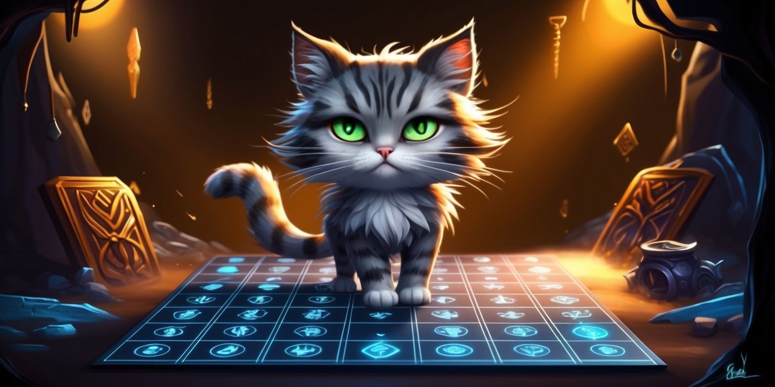 A whimsical digital illustration of a feline character standing in front of a grid-based game board, adorned with glowing runes and mysterious symbols, set amidst a dark fantasy background with warm golden lighting, the cat's fur a mesmerizing blend of grey and brown hues, its eyes gleaming with a piercing green intensity, as it contemplates its next move in a roguelike strategy game, with subtle hints of magical spells and ancient artifacts scattered throughout the scene, the overall aesthetic is one of mystique and adventure, with bold lines and vibrant colors, the feline's facial features are finely detailed, with a small nose and delicate whiskers, its fur fluffed up in concentration, as it navigates the challenges of the game.
