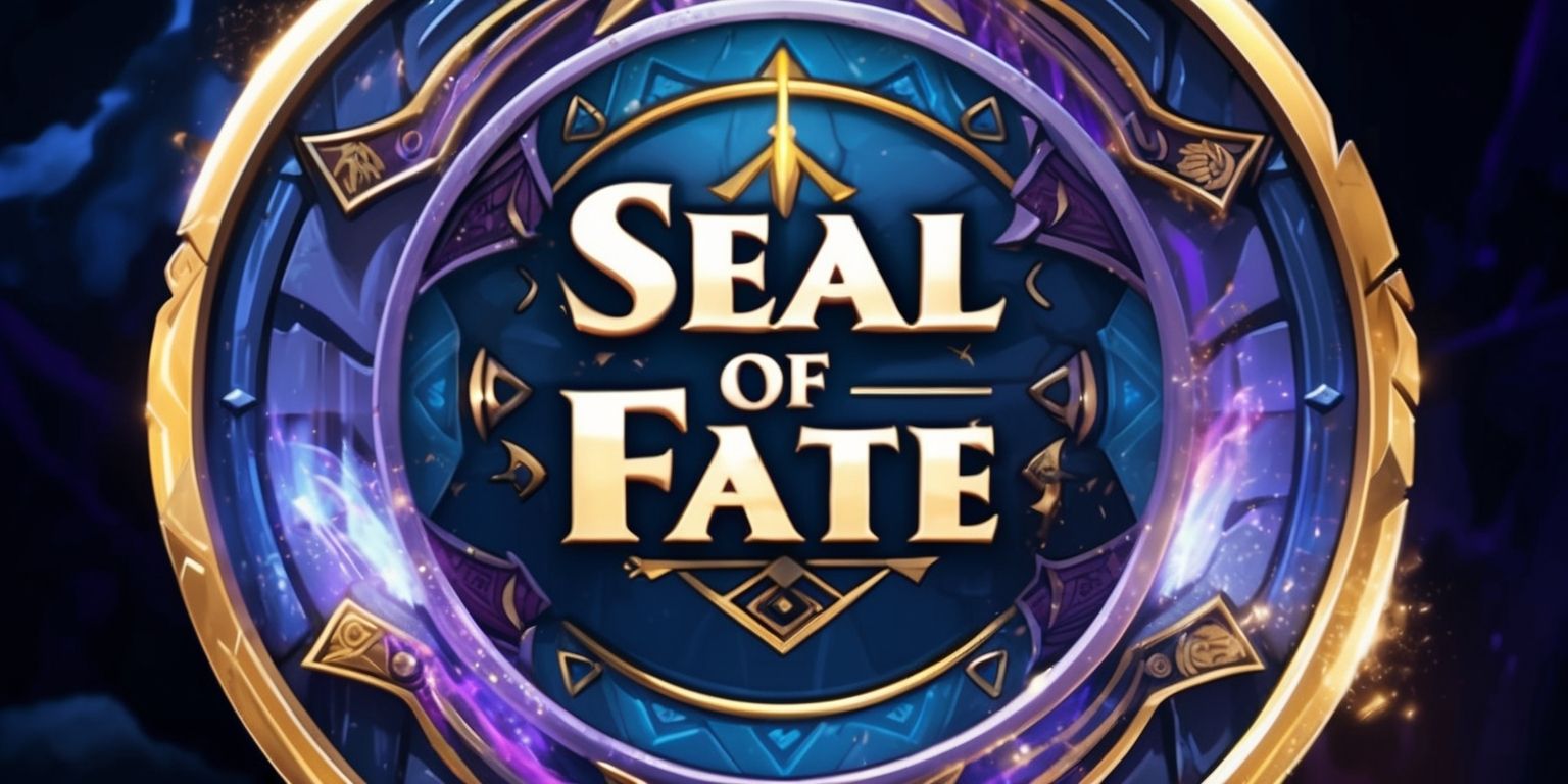 A seal with intricate design elements in the style of a fantasy mobile game, featuring a mix of mystical and ancient symbols, set against a dark blue and purple backdrop with golden accents, the seal is circular in shape with a bold, serif font displaying the words Seal of Fate in a curved line above the seal, and a tagline written in a smaller, cursive script below, the overall design exudes a sense of magic and adventure, with subtle glow effects and shaded details to give it a sense of depth and dimensionality, the color palette is predominantly dark blues and purples with golden highlights, conveying a sense of mystery and otherworldliness.