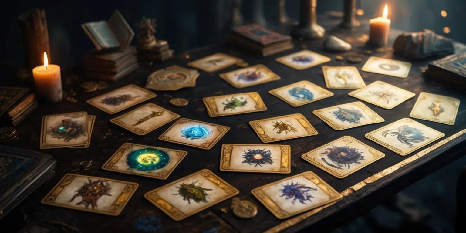 A dimly lit, mystical, and aged wooden table with a scattered array of intricately designed, gold-embossed, and worn-out cards, each bearing unique, hand-drawn, and colorful illustrations of mythical creatures, ancient magical runes, and forgotten lore, surrounded by candles, ancient tomes, and mysterious artifacts, with a faint glow of luminescent, ethereal light emanating from the cards, as if imbued with magical energy, set against a dark, blurred, and atmospheric backdrop, with subtle, shimmering, and golden accents, inviting the viewer to embark on a journey of discovery and adventure, with the cards and table serving as a gateway to a realm of fantasy and wonder, where heroes and legends are forged through the art of deckbuilding and strategic gameplay.