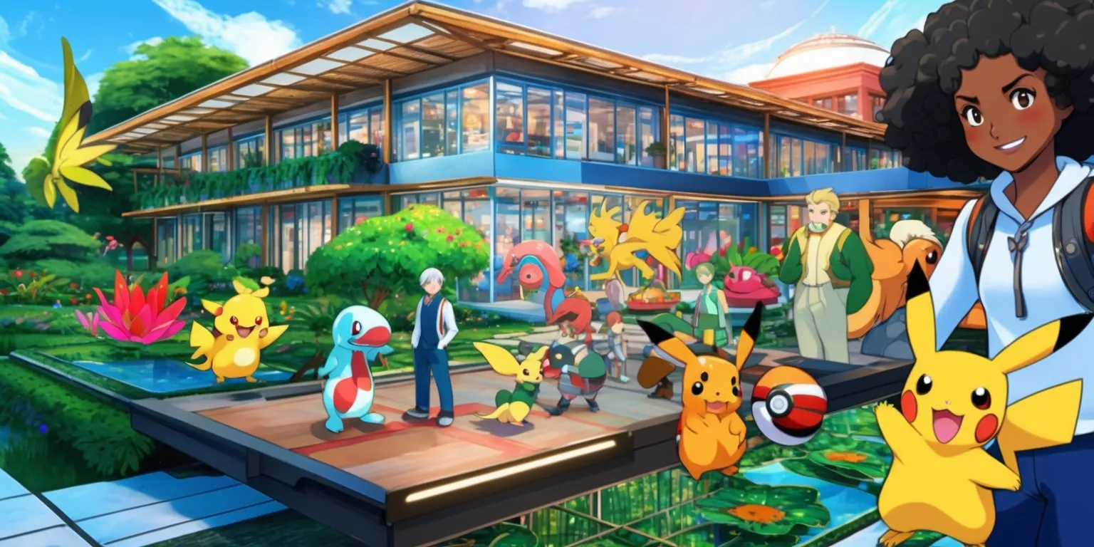 A vivid, colorful illustration of a restored building with lush greenery and vibrant Pokémon, showcasing a blend of modern and natural elements, with a variety of Pokémon and human characters working together, featuring a sleek, futuristic interface and advanced technology, while key mentor characters with distinct facial features and skin colors, such as a wise old man with a white beard and a young woman with dark skin and curly hair, guide the progress, highlighting themes of innovation and collaboration, and incorporating detailed world-building with unique floor designs, artistic patterns, and practical layouts, emphasizing cooperative strategy and companionship between humans and Pokémon.