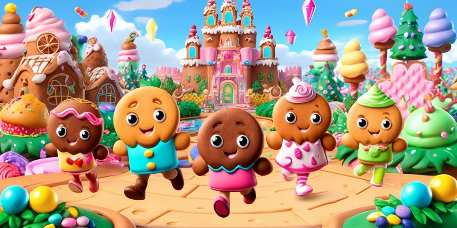 Cookie Run: Kingdom game-inspired fantasy kingdom scene, featuring charming anthropomorphic cookie characters with expressive faces, rounded baked-cookie bodies, colorful icing details, candy-like accessories, and distinct whimsical costumes. Show a bright enchanted kingdom filled with gingerbread-style castles, frosting rooftops, candy trees, sparkling crystals, jelly decorations, and lush pastel scenery. Use vibrant candy colors including caramel brown, cream, strawberry pink, mint green, blueberry blue, and golden yellow, with soft volumetric lighting, glossy textures, gentle shadows, and polished high-quality 3D mobile game art. Compose the scene with the main cookie heroes in the foreground, an ornate castle and lively kingdom landscape behind them, dynamic cheerful poses, expressive eyes, and a playful adventurous atmosphere. Clean detailed rendering, rounded shapes, cute proportions, cinematic wide framing, and a richly layered fantasy background.