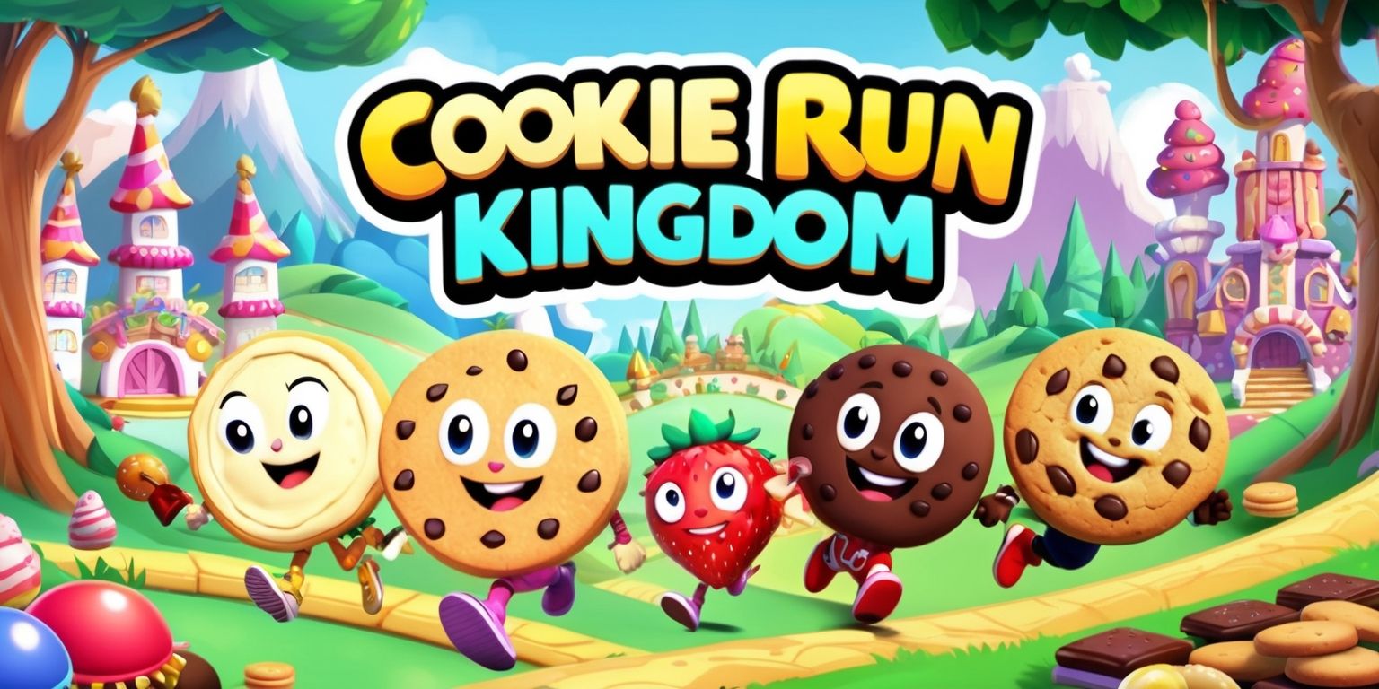 Cookie Run Kingdom game scene with vibrant colors, featuring a variety of cartoonish cookie characters, including Pure Vanilla Cookie, Strawberry Cookie, and Chocolate Chip Cookie, set against a whimsical fantasy kingdom backdrop with rolling hills, towering trees, and ornate candy-themed buildings, with the game's logo prominently displayed in bold, colorful letters, and the characters showcasing unique facial features, accessories, and costumes, all presented in a dynamic and action-packed layout, with a mix of soft and bright colors, and intricate details that bring the game's world to life.